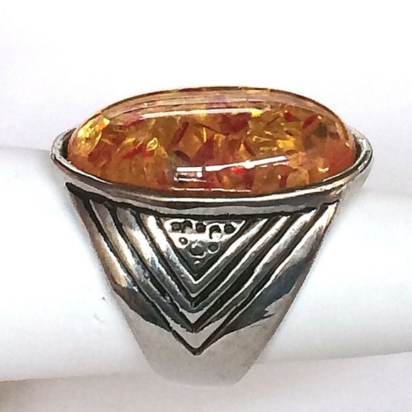 Silver Honey Amber Cocktail Ring Size 7 8 10 Yellow Orange Simulated Oval Cut - Picture 4 of 10